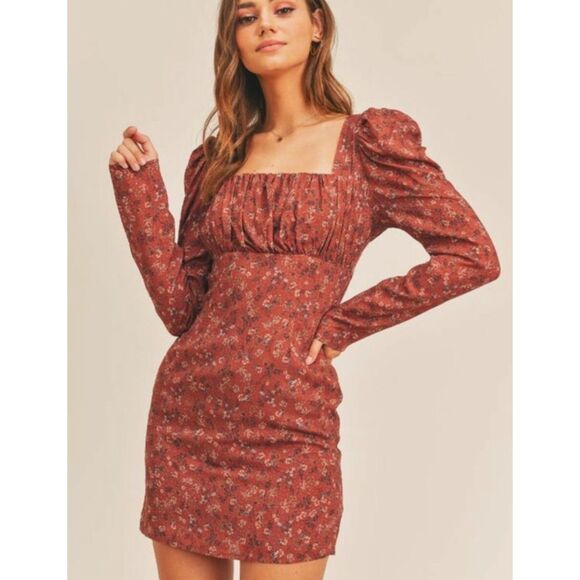 SADIE & SAGE Floral Burgundy Rust Long Sleeve Bodycon Mini Dress Womens Medium - Picture 1 of 8